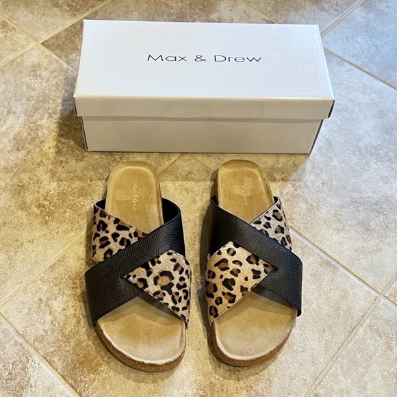 🆕 Max & Drew Amy leopard leather calf hair slip on sandals black brown - Picture 2 of 12